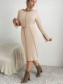 SHEIN Essnce Plus Top-stitching Split Sleeve Tee & Pencil Skirt - Khaki - View 6