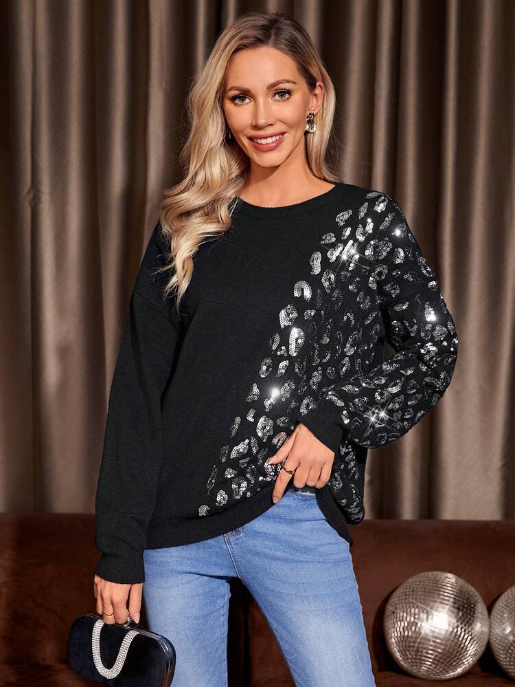 Contrast Sequin Drop Shoulder Sweater