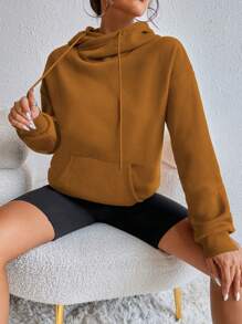 SHEIN Unity Kangaroo Pocket Drop Shoulder Drawstring Hoodie - Brown - View 3