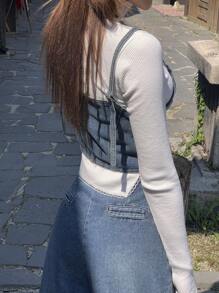 DAZY 純色帶扇貝邊的肋織t恤 - 白色 - 查看 2