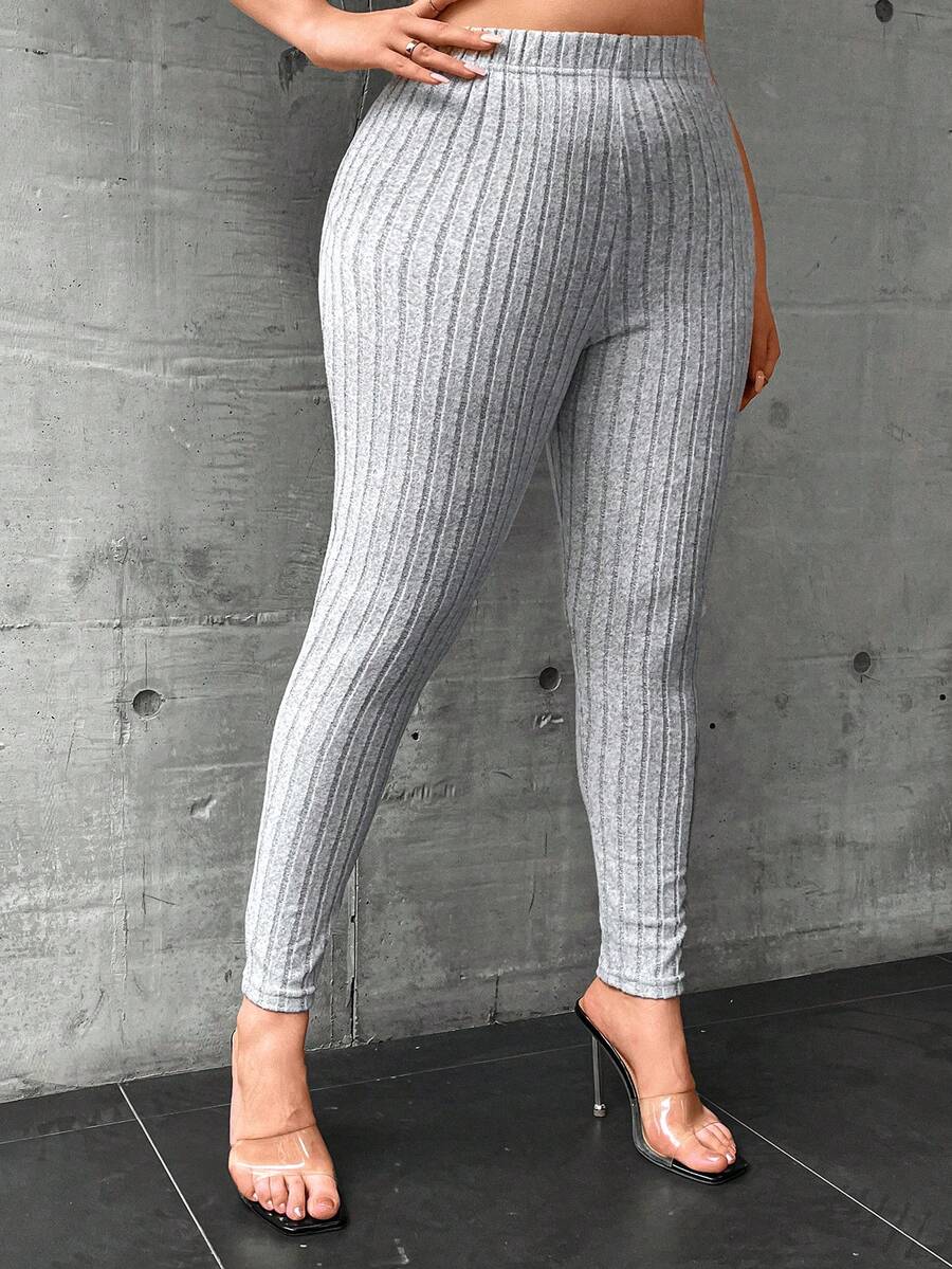Flirla Talla grande Leggings unicolor tejido de canalé - Gris - Ver 1