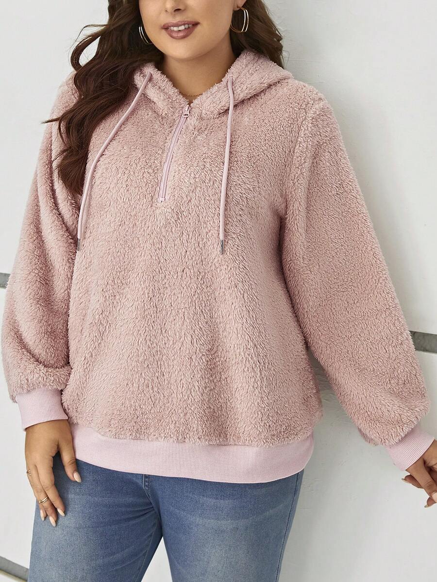 SHEIN LUNE Áo nỉ kiểu Teddy cỡ lớn, khóa kéo nửa thân, vai rớt, dây rút. - Bụi hồng - Xem 1