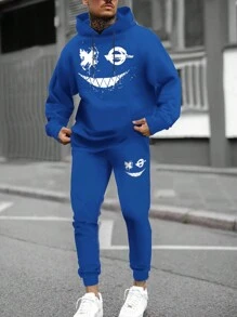 Manfinity EMRG Bộ quần jogger và áo hoodie có dây rút hình mặt cười hoạt hình cho nam - Màu xanh lam - Xem 3
