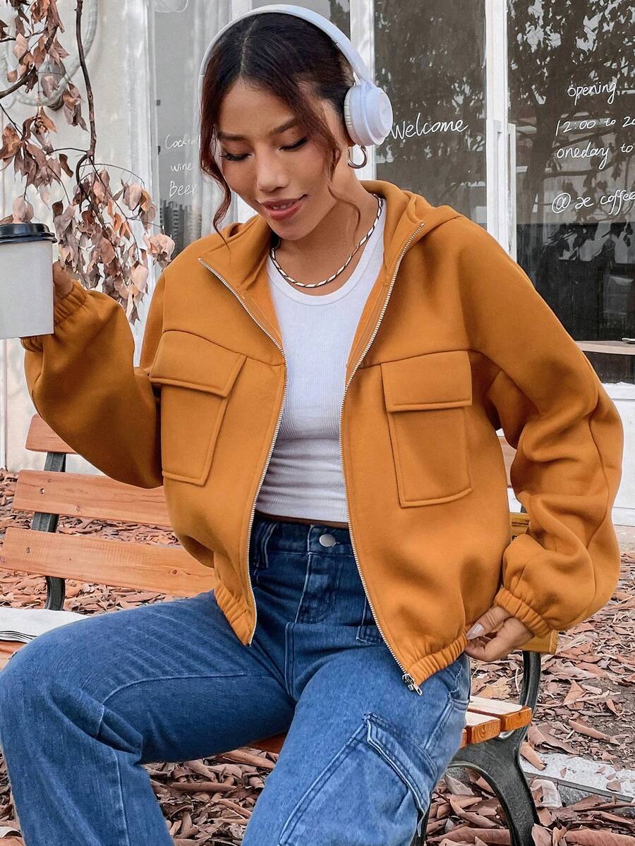 SHEIN Unity 翻蓋口袋拉鏈開襟連帽夾克 - 棕色 - 查看 1