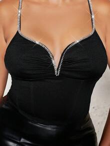 SHEIN BAE 大碼水鑽細節褶邊緊身吊帶 - 黑色 - 查看 4