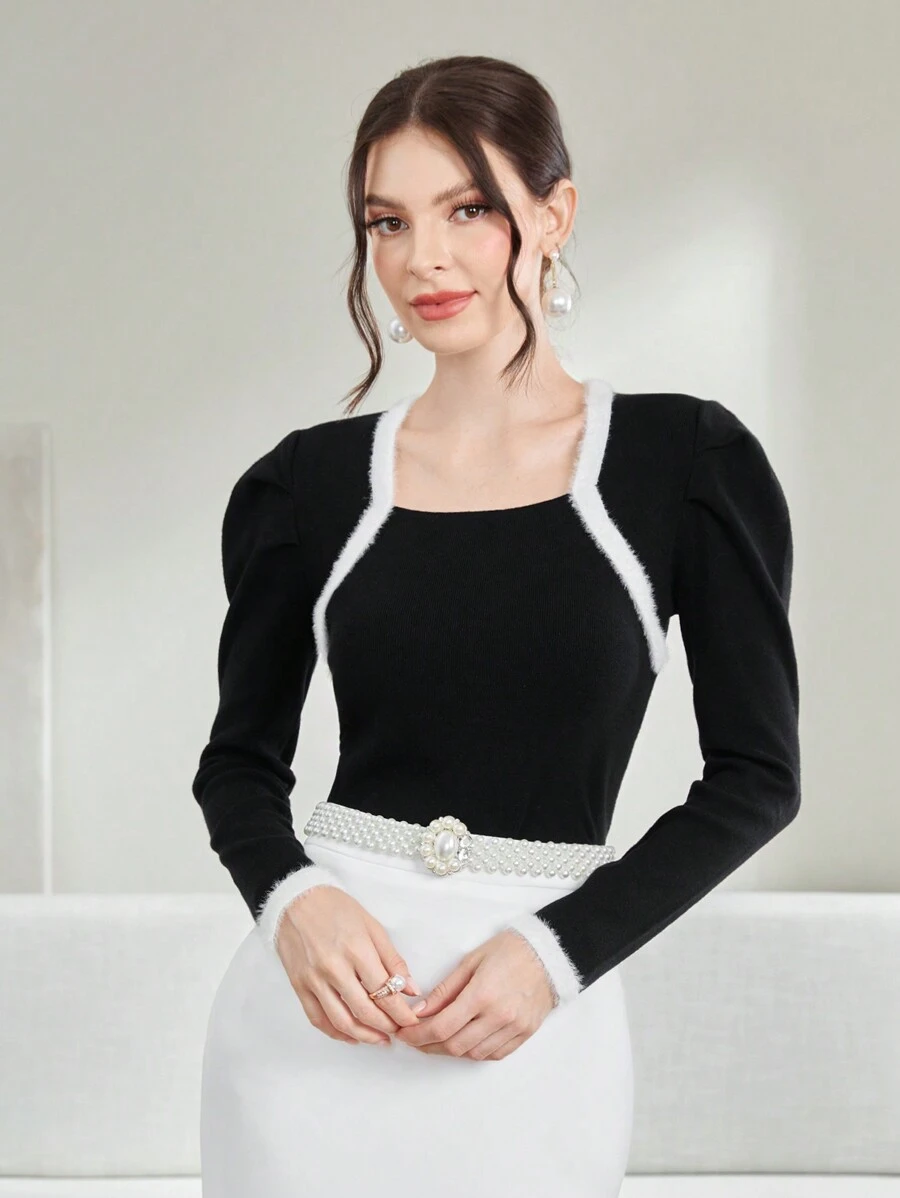 Modelyn 撞色滚边羊腿袖针织套头衫秋冬毛衣 - 黑色 - 查看 1