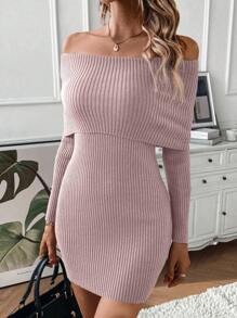 SHEIN Essnce Vestido de punto doblado de hombros descubiertos tejido de canalé - Morado - Ver 3