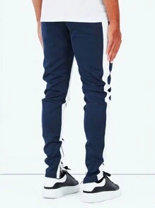 Men's Contrast Color Patchwork Zipper Hem Drawstring Waist Sweatpants - Blue - View 2