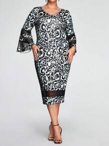 SHEIN Clasi Plus Allover Print Contrast Mesh Flounce Sleeve Fitted Dress - Multicolor - View 1
