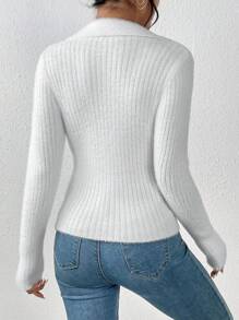SHEIN Frenchy Solid V-collar Fluffy Knit Sweater - White - View 2