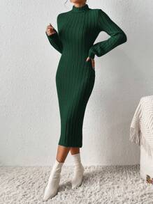 SHEIN Frenchy Turtleneck Lantern Dress With Sleeves Sleeve Ribbed Knit Bodycon Dress Without Belt Winter Elegant Evening Dress - Dark Green - View 5
