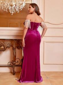 SHEIN Belle 魚骨結構,鋼骨,珠鏈流蘇,豪華性感大尺碼晚禮服（重工業風格） - 玫紅色 - 查看 5