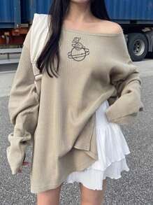 DAZY 星球印花落肩开衩下摆 T 恤，秋季服装长袖女式上衣 - 杏色 - 查看 5