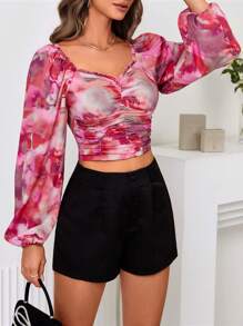 SHEIN Privé 紮染圖案雞心領口燈籠袖褶邊短款襯衫 - 彩色 - 查看 5