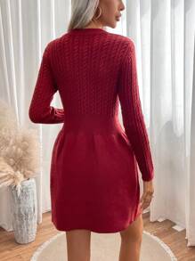 SHEIN Essnce Solid Cable Knit A-line Sweater Dress - Burgundy - View 2