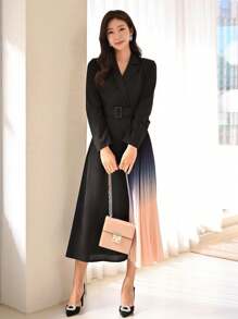 Modelyn Colourblock Lapel Collar Pleated Hem Belted Dress - Black - View 5