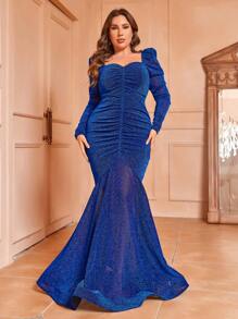 SHEIN Belle Váy dạ hội dài tay trang trọng cho khách dự tiệc cưới, tốt nghiệp, tiệc tối, họa tiết lưới & cổ trái tim cỡ lớn dành cho nữ - Màu xanh lam - Xem 3