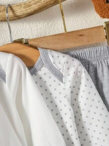 SHEIN 男嬰2入組圓點和標語圖案連身背心&1入組連身褲&1入組長褲 - 白色 - 查看 3