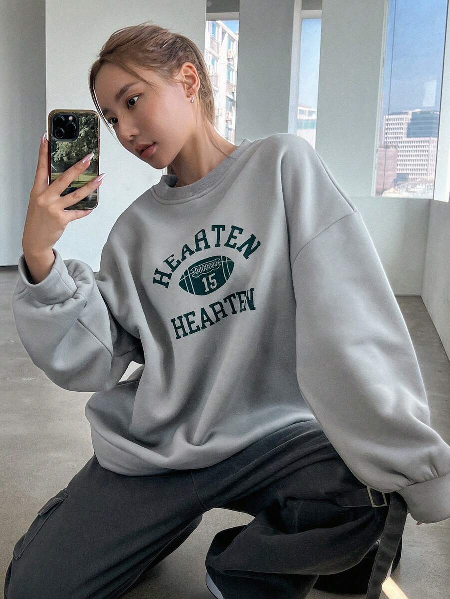 DAZY 字母圖案落肩袖運動衫 - 淺灰色 - 查看 1