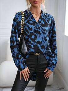 SHEIN LUNE Allover Print High Low Hem Blouse - Blue - View 6