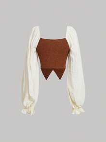 SHEIN MOD 前部抽绳荷叶边袖不对称下摆衬衫 - 棕色 - 查看 2