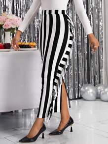 SHEIN Lady Gestreepte print Franjetrim Gespleten zoom Kokerrok