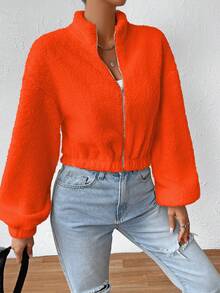 SHEIN EZwear Drop Shoulder Zip Up Teddy Jacket - Orange - View 5