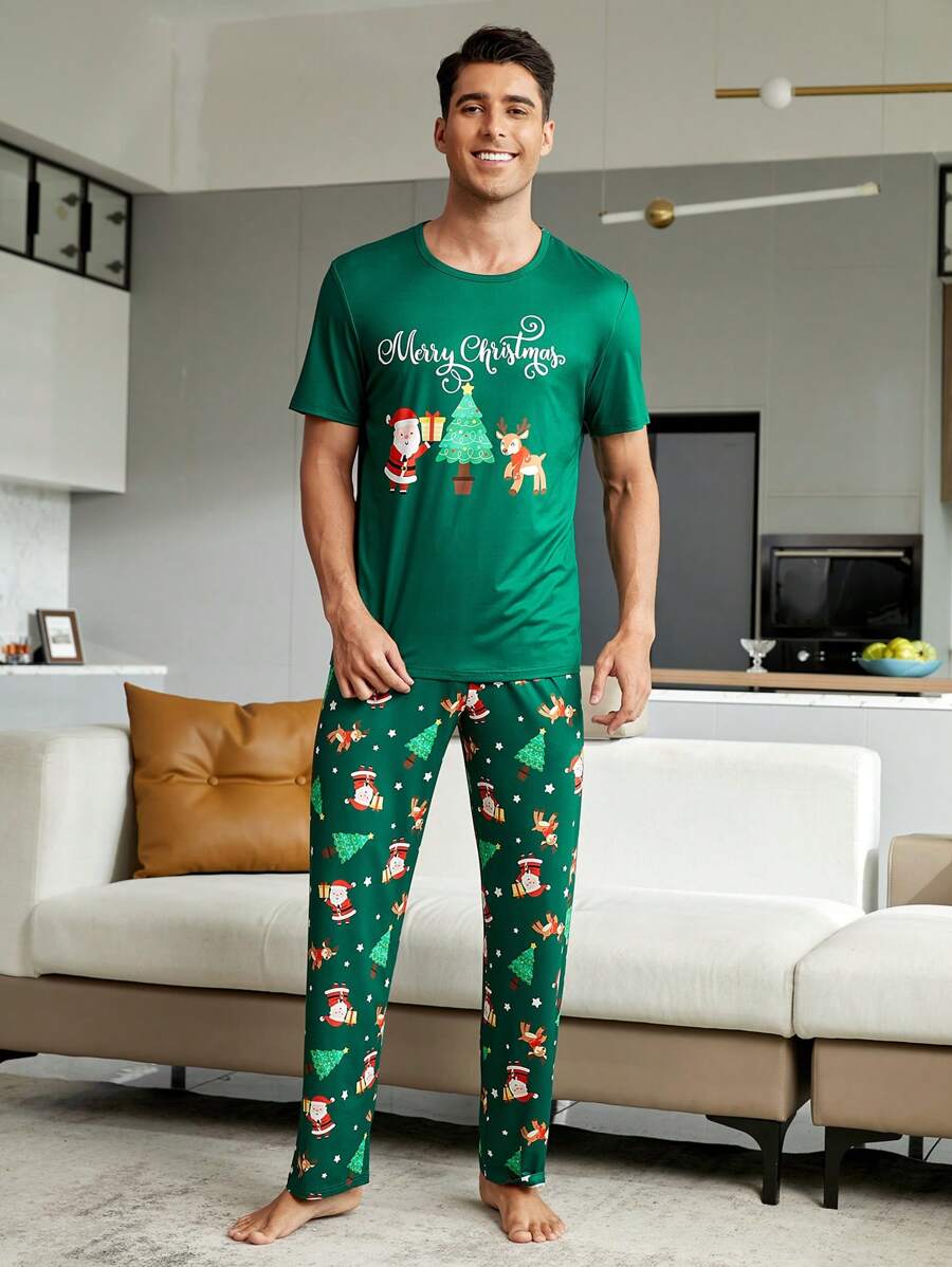 Conjunto de pijama con camiseta y pantalones estampados navideños para hombres - Verde - Ver 1