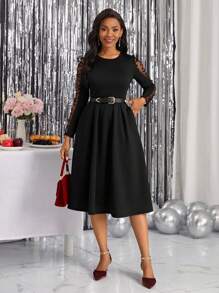 SHEIN Lady Contrast Mesh Hidden Pocket Dress Without Belt Dress For Churches - Black - View 1