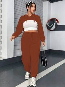 Flirla Hơn Dây rút Áo Hoodie Super Crop & Quần nỉ Không có áo Top Cami - Màu Khaki - Xem 2
