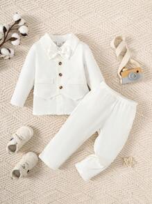 2 piezas Conjunto de ropa de bautizo para niños pequeños, chaqueta 2 en 1, camisa de manga larga, pantalón largo - Blanco - Ver 7
