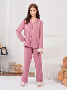 Adolescent Fille Ensemble De Pyjama Contrastant À Volants À Bouton - Vieux Rose - Voir 3