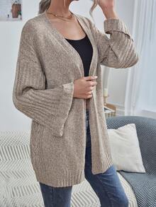 SHEIN Essnce Áo khoác cardigan thiết kế giản dị thả vai - Màu Khaki - Xem 3