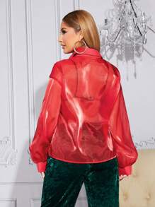 SHEIN SXY Chất rắn Nút phía trước Đàn organza Áo sơ mi Không có áo ngực - Đỏ - Xem 2