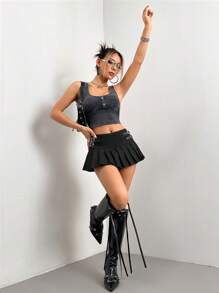 SHEIN ICON Solid Buckle Detail Pleated Skirt - Black - View 5