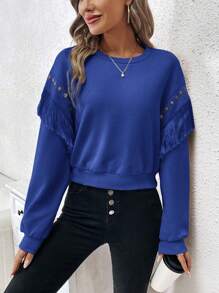 SHEIN Clasi Studded Detail Fringe Trim Drop Shoulder Sweatshirt - Royal Blue - View 1