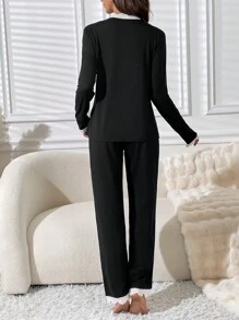 Miss Vinta Bộ đồ ngủ/Pjama cài nút viền ren tương phản cho mùa lễ hội, quần áo thu đông - màu đen - Xem 2