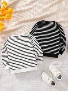 SHEIN Young Boy 2pcs Striped Letter Patched Sweatshirt - Black and White - View 2