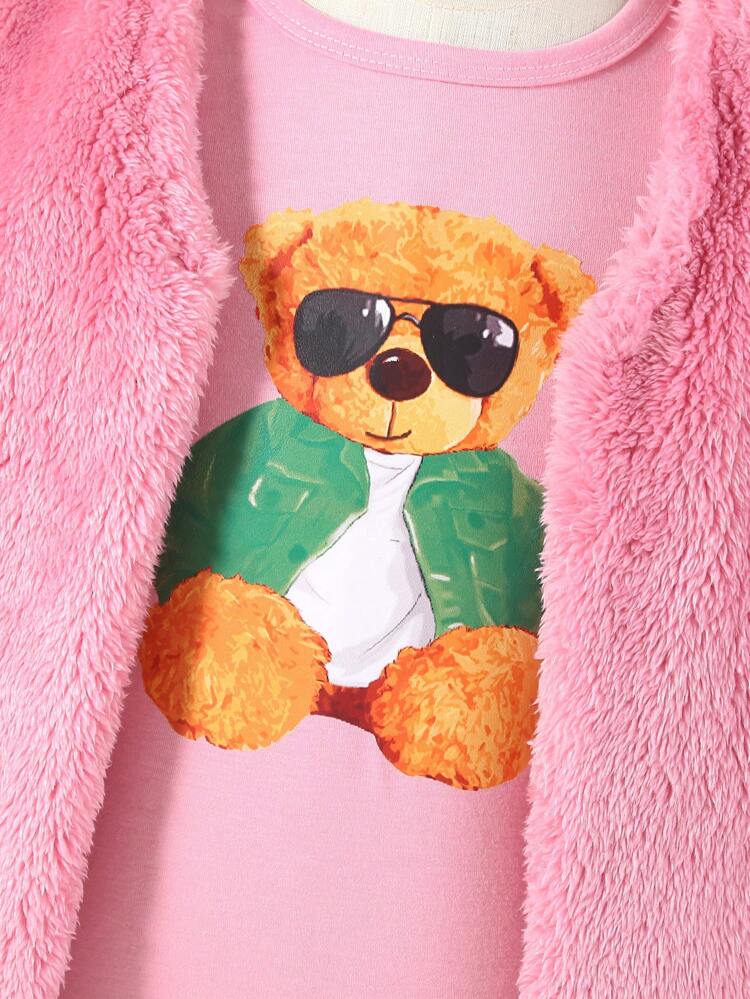 Young Girl 1pc Fuzzy Coat & Cartoon Graphic Tee & Footmuffs