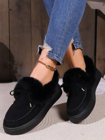 New Style Round Toe Platform Flats With Thermal Lined, Warm, Thick-Soled, Tassel & Bowknot Decor, Women's Large Size