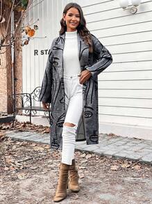 SHEIN LUNE Figure Graphic Lapel Neck Open Front Overcoat