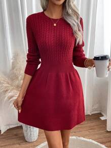 SHEIN Essnce Solid Cable Knit A-line Sweater Dress - Burgundy - View 1