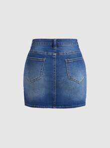 SHEIN Teen Girl Overlap Waist Ripped Denim Skirt - Medium Wash - View 2