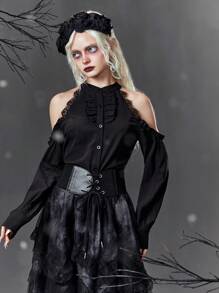 ROMWE Goth 挖肩前紐扣襯衫不附腰帶 - 黑色 - 查看 4