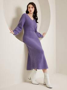 Mulvari Solid V Neck Sweater Dress - Purple - View 3