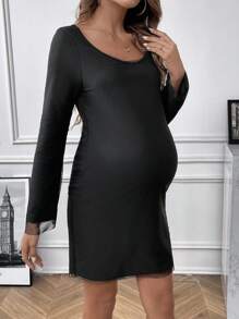 SHEIN Maternity Solid Scoop Neck Dress - Black - View 2