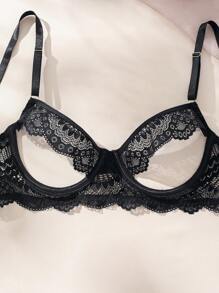 SHEIN 女士性感镂空蕾丝文胸和丁字裤套装内衣，坏蛋造型 - 黑色 - 查看 4