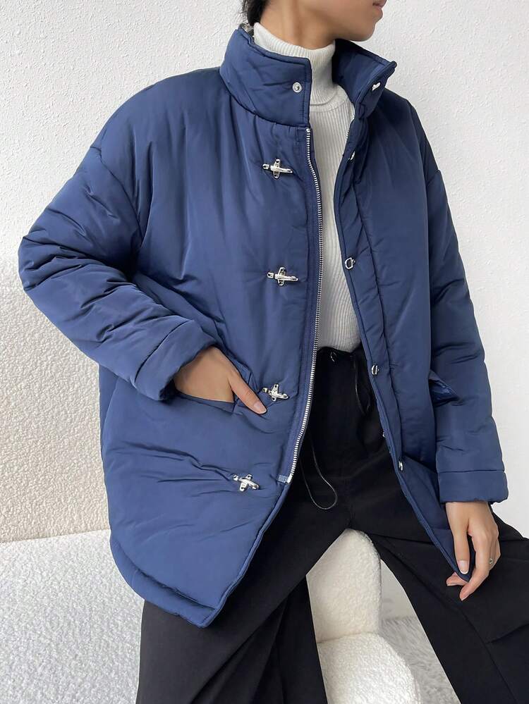Flap Pocket Drop Shoulder Hooded Padded Coat