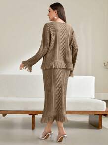 Modelyn Ruffle Hem Sweater & Knit Skirt - Khaki - View 3