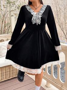 Flirla 大碼蕾絲拼接前繫帶絲絨洋裝 - 黑色 - 查看 3